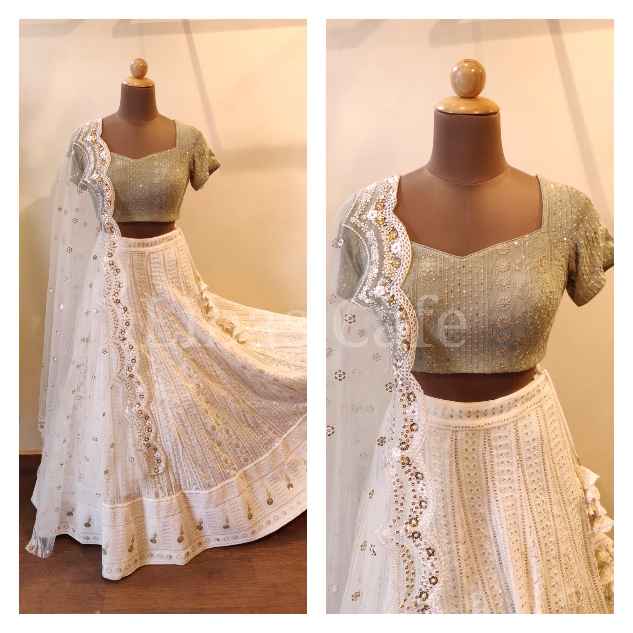 Olive And White Lakhnavi Lehenga